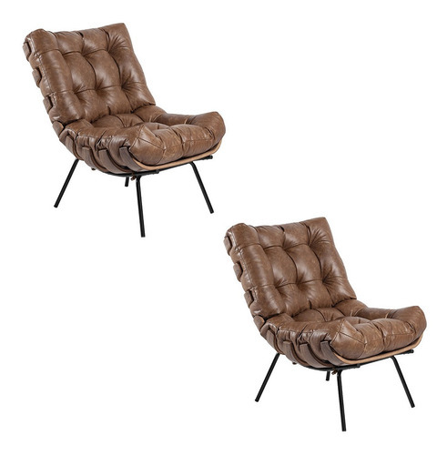 Kit 02 Poltronas Giratória Costela Couro Nozes Base Madeira