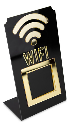 Placa Wifi Qr Code Display Acrílico De Mesa Balcão Preto Cor Preto e dourado