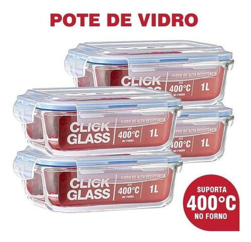 Imagem 1 de 4 de Kit Com 4 Potes De Vidro Click Glass Premium 100% Herméticos