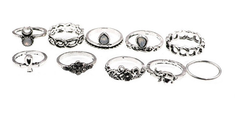 Juego De 10 Anillos Midi De Aleación De Plata.