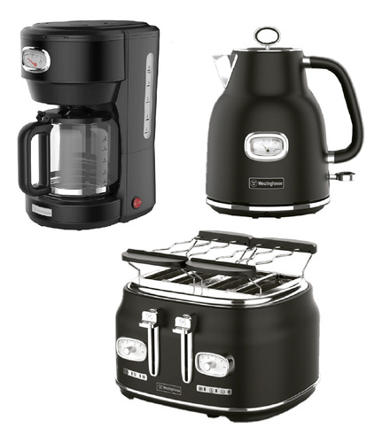 Combo Desayuno Westinghouse Retro Pava Tostadora Cafetera Negro