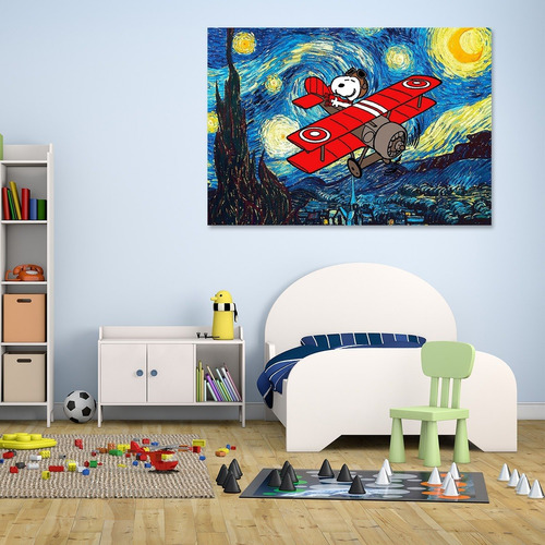 Snoopy Avión Noche  90x60cm Canvas Cuadro Decorativo