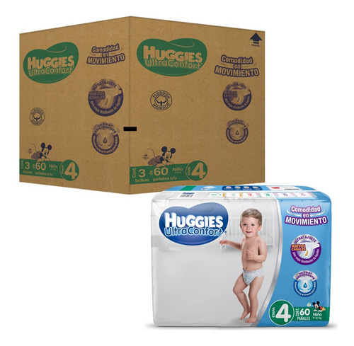 Huggies Ultraconfort Pañal Desechable Para Bebé, Etapa 4, Niño, Caja Con 180 Piezas, Ideal Para Bebés De 9 A 12 Kg