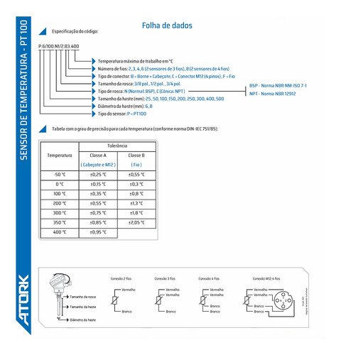 Sensor Pt100 Duplo Cabeçote 6 Fios Atork, 100mm
