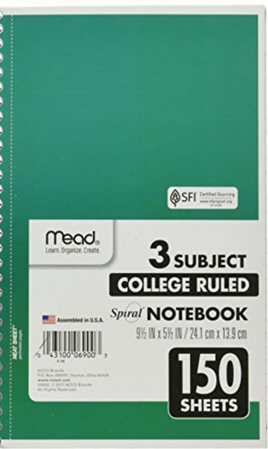 Mead Spiral Notebook, 3 Subject, College Ruled Paper, 150