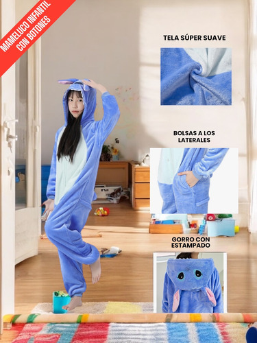 Mameluco Stich Infantil Suave Cómodo Stretch Calientito Celeste 2-3 Años Lisa