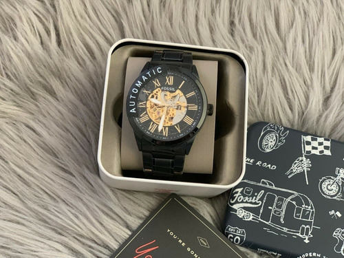 Reloj Fossil Extensible Metálico Automatico Bq2092 Correa Negro Bisel Negro Fondo Dorado