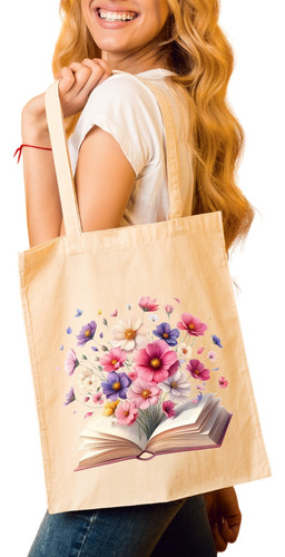 Tote Bag Tela - Estampado De Libro Con Flores 40x35cm Beige Libro Con Flores