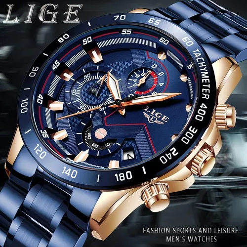 Reloj Lige Original Acero Cronografo Para Hombre LG9982C Azul Cobrizo