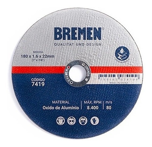 Bremen 7419 Disco De Corte Amoladora 180 X 1.6 Mm Color Negro
