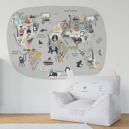 Imagen 2 de 4 de Vinilo Decorativo Infantil Mapa Animales Planisferio 90x120