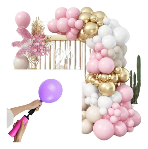 Kit 125 Balões Rosa Dourado Arco Descontruido Bexiga+ Fita