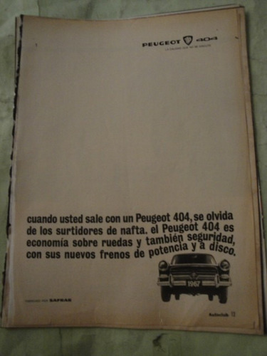 Publicidad Peugeot 404 Año 1967 Hoja Sola