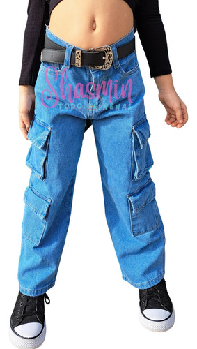 Pantalon Jeans Wide Leg Doble Cargo De Nena  