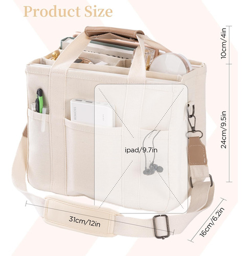 Canvas Tote Bag With Multi Pockets Crossbody Tote Bag