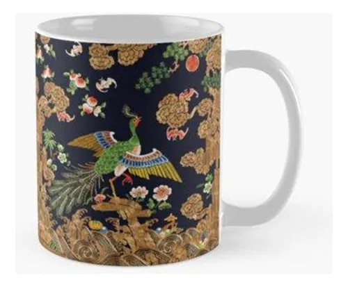 Taza Pavo Real, Flores Y Árboles En Azul Noche Floral Chino