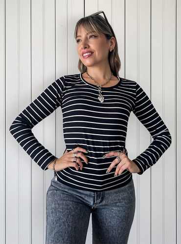 Remera Mujer Camiseta Manga Larga Rayada Modal Viscosa