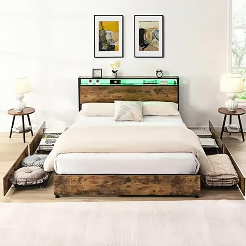 Base Cama Matrimonial Con Cabecero Y Luz Led Y 4 Cajones