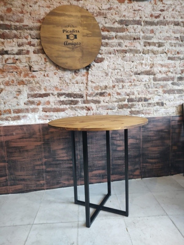 Imagen 5 de 8 de Mesa Industrial Hierro Y Madera 80cm Redonda Base Central