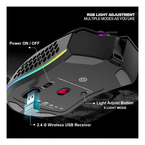 Mouse Gaming Ergonomico Recargable Inalambrico Rgb 1600 Dpi