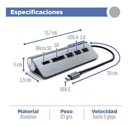 Hub Adaptador Aluminio Usb-c A Usb 3.0/lector De Tarjetas Or