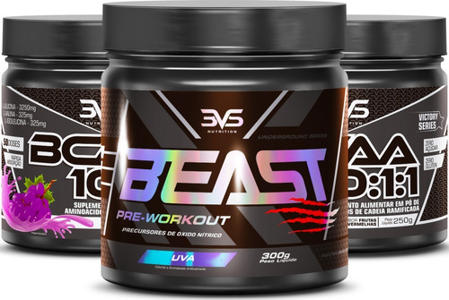 Kit 2 Potes do Bcaa 10:1:1 Concentrado 250g Sabor: Uva + Pré Treino Beast 300g Sabor: Uva