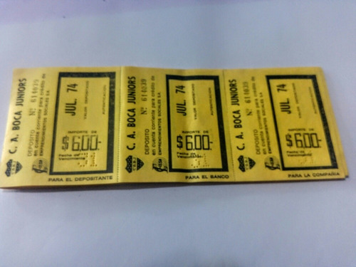 Boletas Deposito Boca Juniors Julio 1974 Impecable X3 (Usado)