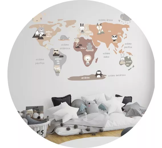 Vinilo Decorativo Infantil Mapa Animalitos Nordico