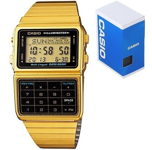 Reloj Casio Vintage Dbc611 Dorado Calculadora Fondo Negro