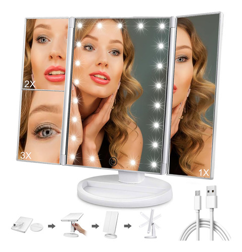 Espejo Maquillaje Plegable Luz Con Tríptica Aumentos 3x/2x