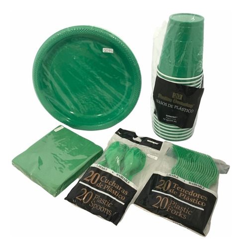 Kit Premium P 20 Desechables Verde Bande Plato Vaso Cubierto