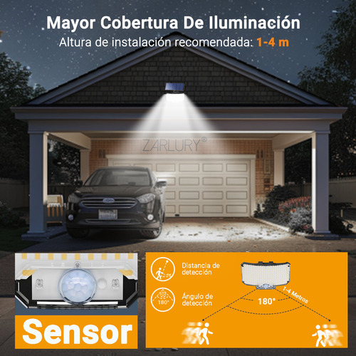 ZARLURY Lámpara Solar Exterior para Pared Con Sensor de Movimiento,Luz Solar con 234LED,Iluminación Gran Angular de 180°,Foco Recargable IP65 Impermeable para Garaje,Jardin,Patio,Sendero,Granja