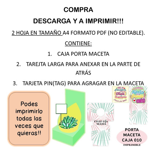 Imagen 2 de 3 de Kit Imprimible Caja Porta Maceta Dia De Mamá 010 Con Tarjeta
