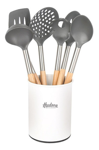 Set 6 Utensilios Nylon Con Mango De Madera Hudson Blanco