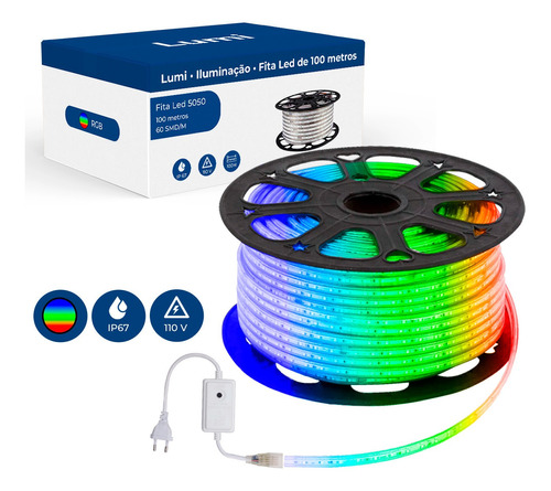 Mangueira Fita Led Chata Fixa 100m 127v Conector Tomada Brilho Decoraçao Cor Da Luz Colorido Rgb Lumi 1ª Linha