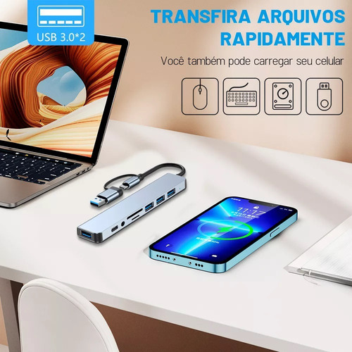 Adaptador Hub Usb E Tipo C Extensor 8 Em 1 Com Leitor Cartão