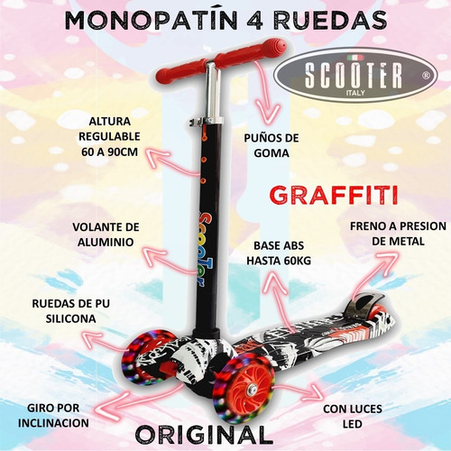 Imagen 2 de 10 de Monopatin Scooter Italy Original Graffiti 4 Ruedas Con Luces