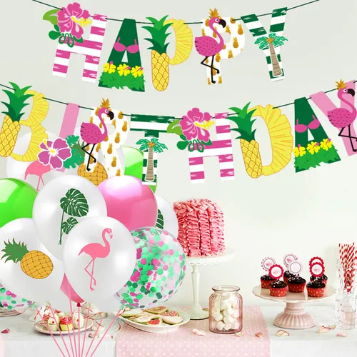 Happy Birthday Banner Balloons Hawaiian Decoration Top Hat