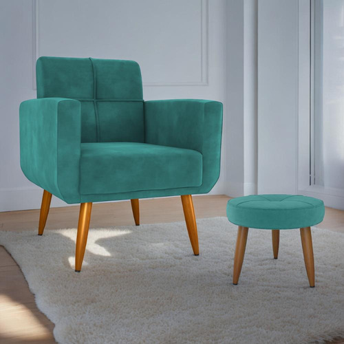 Conjunto Poltrona Puff Decorativos Miller Veludo Verde Menta