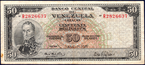 Billete De 50 Bolívares R7 Abril 7 1970 Simón Bolívar