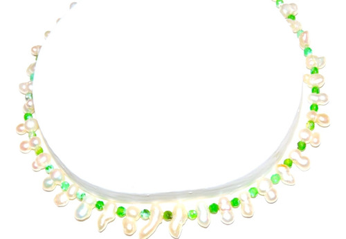 Collar Perla Cultivada Blanco Y Agata Verde 4 Mm 