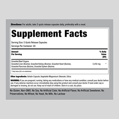 Piping Rock Grass Fed Beef Órgãos 3250 Mg | 200 Cápsulas | S