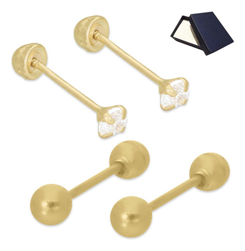 Aretes Broqueles Oro 10k Dormilonas Mujer Bebe Niña 2 Pares Dos Pares Broqueles Piercing Perforación Mujer Dama Niña Broquel Basicos Bebe Niña Mujer Aretes Oro 10k Oro Puro 10k