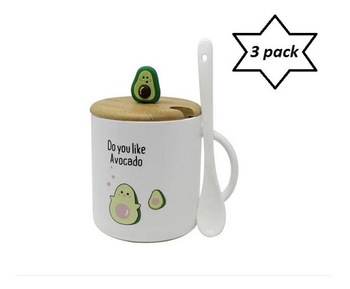 Taza P/ Café Con Tapa 3d Y Cuchara Cerámica Aguacate(3 Pzas)