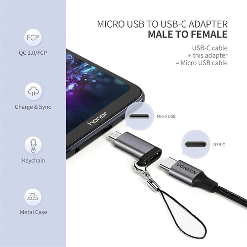 Adaptador UGREEN USB-C 3.1 a Micro USB Carga Rápida FPC/QC2.0 Sincronización de Datos Velocidad de Transferencia de hasta 480Mbps Incluye Cordón Caja de Aluminio Múltiples Protecciones
