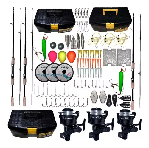 Kit Pesca Equipo Completo Caña 2,10 Y 2,40 Maciza Reel Caja