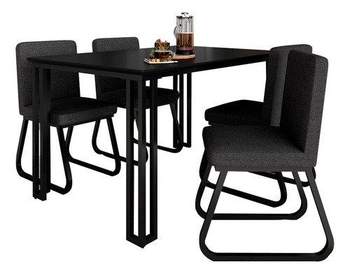 Mesa Com 4 Cadeiras Industrial 1,36 Deli Pt/pt/graf - Ma Cor Preto Fosco/preto/linho Grafit