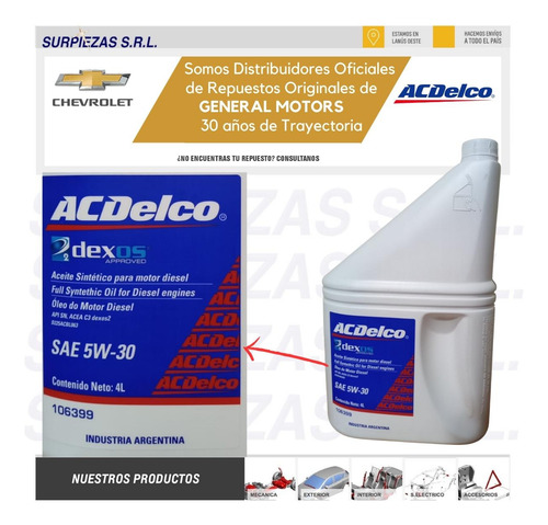 Imagen 5 de 7 de Bidon Aceite Acdelco Sintetico 4 Lt 5w30 Dexos2 (f50d2) Acde