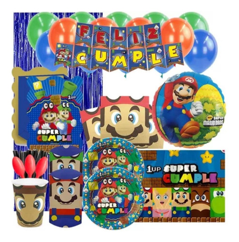 Set Para Fiesta + Globos + Piñata Motivo Super Mario 6 Pers