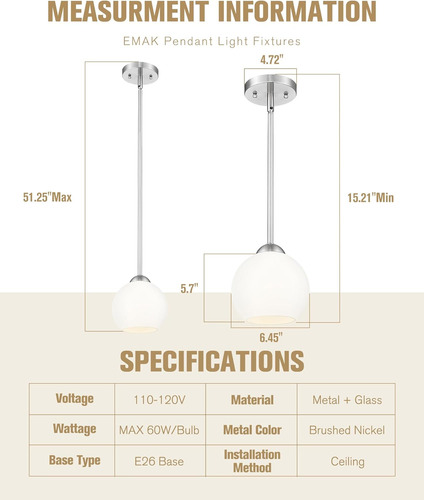 Lámpara Colgante De Globo Moderno Vidrio Opalino Pl119-bn-ml